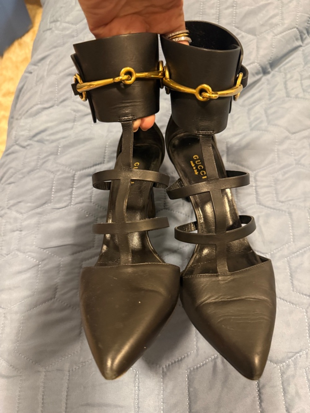 Gucci Black Leather Pointed Toe Strappy Heels with Gold Horsebit. 7.5